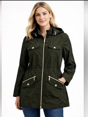 Michael Kors Women’s Sz L Olive Green Anorak Hooded Jacket Zip Utility Parka*E8